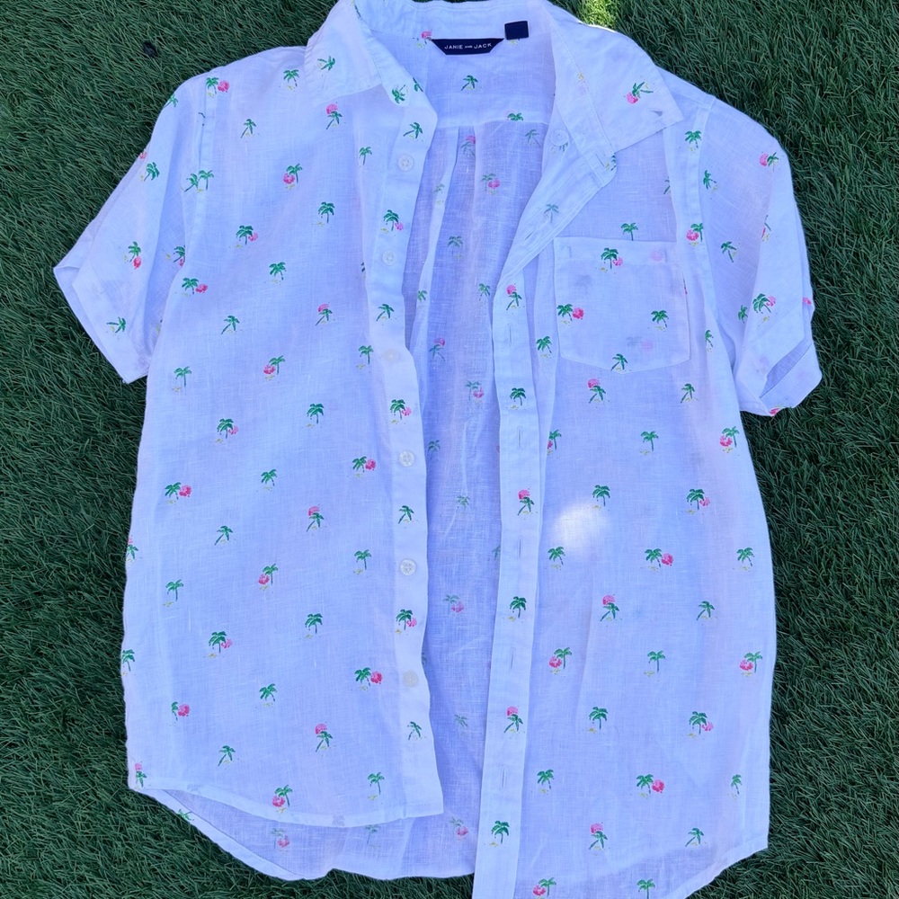 Janie & Jack Short Sleeve Poplin White Shirt with Palm Tree Print